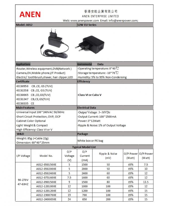 12W Euro plug DOE VI AC DC adapter 3 years warranty GS/CE approved power adapter