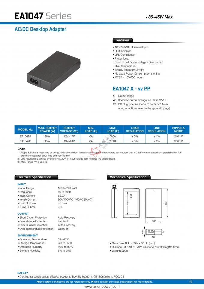 TUV EN 61558 Standard 3645W 19V 2.36A Switching Power Supply 12V 3A