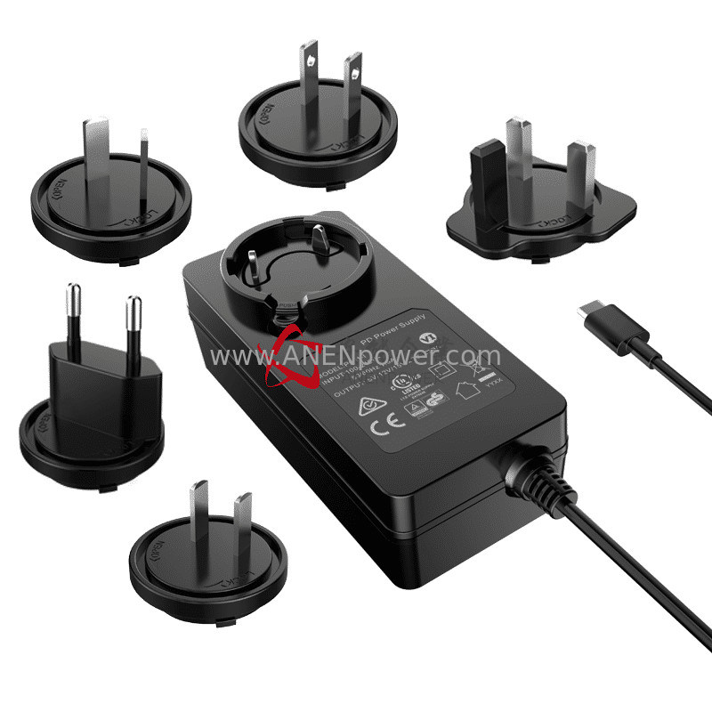 UL Listed 65W Interchangeable Plug PD Power Adapter, 20Volt 3.25A USB C