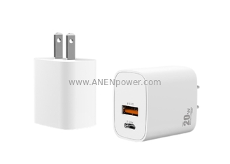 China 1C1A Dual USB 20W GaN PD PD Power Adapter 5V 3A, 9V 2.22A Type-C Charger 12V 1.67A Wall Transformer with USA Plug supplier