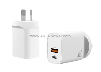 China 1C1A Dual USB 20W GaN PD PD Power Adapter 5V 3A, 9V 2.22A Type-C Charger 12V 1.67A Wall Transformer with AUS Plug supplier