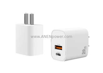 China 1C1A Dual USB 20W GaN PD PD Power Adapter 5V 3A, 9V 2.22A Type-C Charger 12V 1.67A Wall Transformer with CN Plug supplier