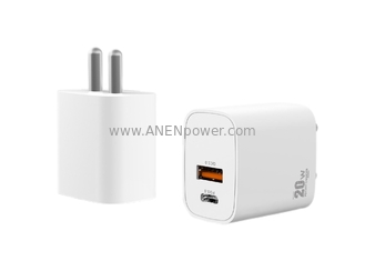 China 1C1A Dual USB 20W GaN PD PD Power Adapter 5V 3A, 9V 2.22A Type-C Charger 12V 1.67A Wall Transformer with INDIA Plug supplier