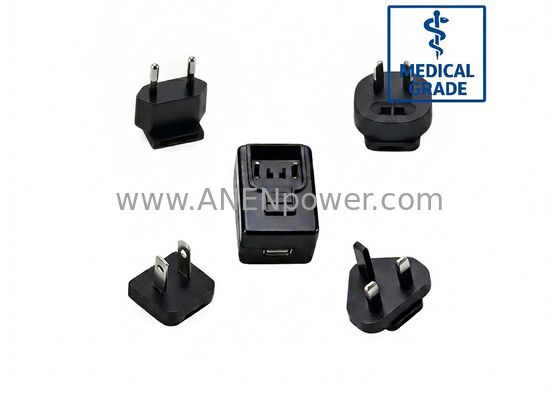 6W Medical AC/DC Adapter, Interchangeable Plug, IEC60601 2×MOPP, 5V 1.2A / 12V 0.5A Low Leakage